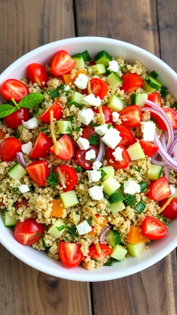 A colorful quinoa salad with lettuce, tomatoes, cucumbers, and feta cheese in a bowl on a wooden table.